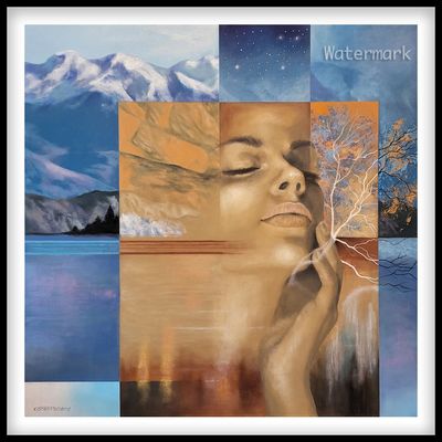 Surreal painting blending a woman's peaceful face with nature and landscapes.
