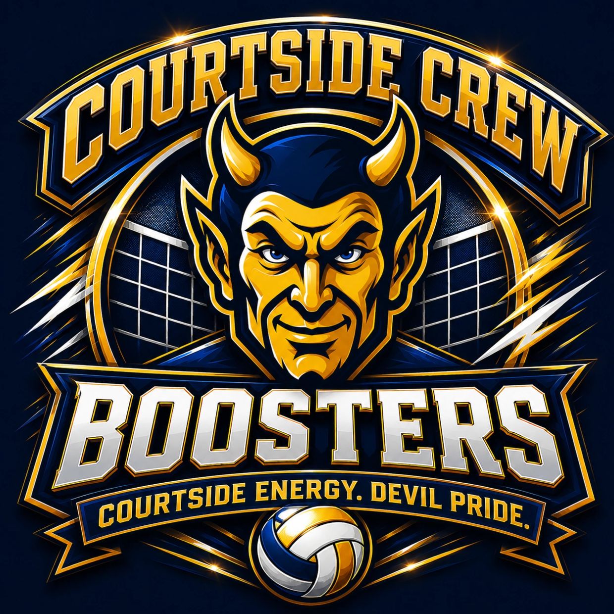 Bold logo for Courtside Crew Boosters with a devil mascot and volleyball theme.