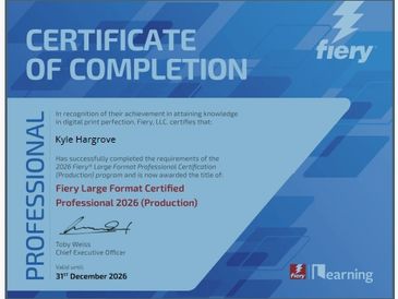 Certificate of completion for Kyle Hargrove for Fiery Large Format Professional 2026.