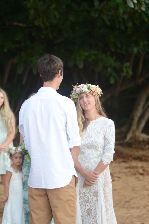 Hawaii Beach Kauai Wedding Ceremony Alohanas Haku head lei vintage bride and groom