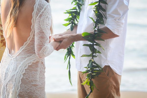 Kauai Hawaii Wedding Ceremony Ti Leaf lei Bide and Groom leis