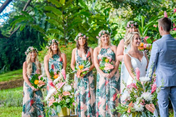 Brides Maids Hawaii Pacific Rim Wedding tropical flowers vintage hawaii smiling happy kauai wedding 