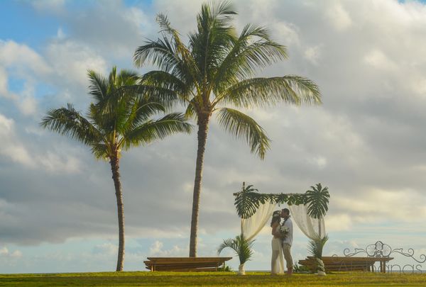 Hawaii Wedding bamboo arch palm tree vintage wedding lace monstera poipu kauai south shore wedding 
