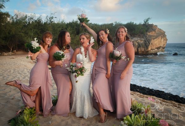 Blush wedding brides maid dresses protea shipwrecks beach Grand Hyatt Hawaii Kauai 