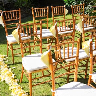 wood chairs Chivari chairs wedding chairs kauai tent and party chair rental lees rental  yellow plumeria kauai wedding location
