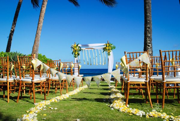 Wedding Inspiration Hawaii wedding bamboo arch yellow theme plumeria