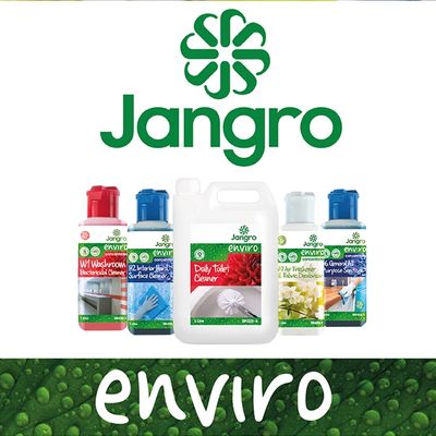 Jangro Enviro cleaning products lineup with logo and green water droplet background.