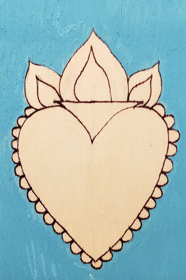 A simple design of a heart with a leaf motif on blue background.