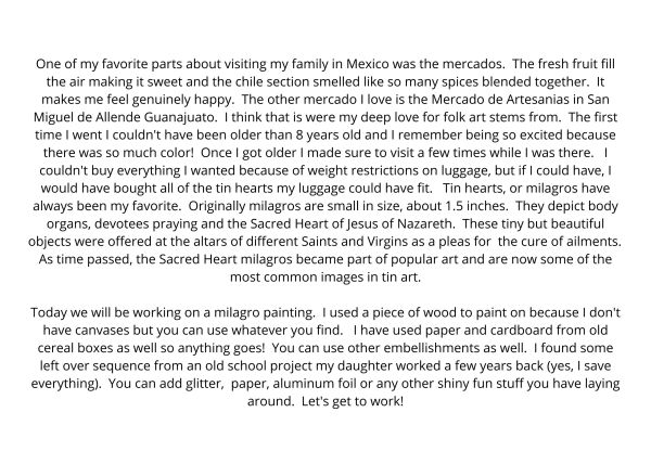 Text explaining the author's fondness for Mexican mercados and a milagro painting project.