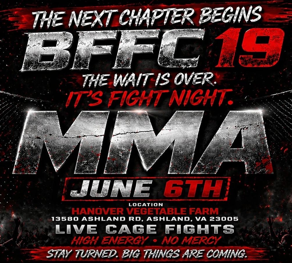 Promotional poster for BFFC 19 MMA fight night on June 6th at Hanover Vegetable Farm.