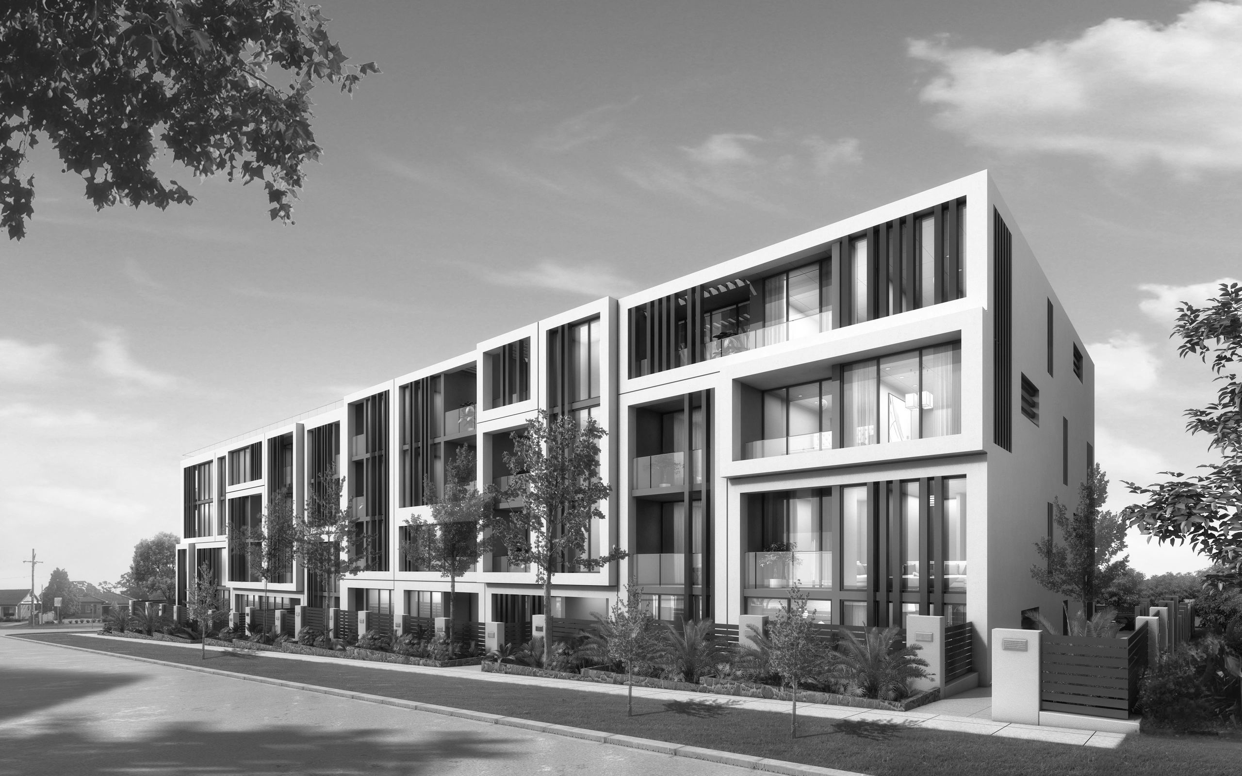 Custom rendering of Horizon Apartments, one apartment block on a tree lined street