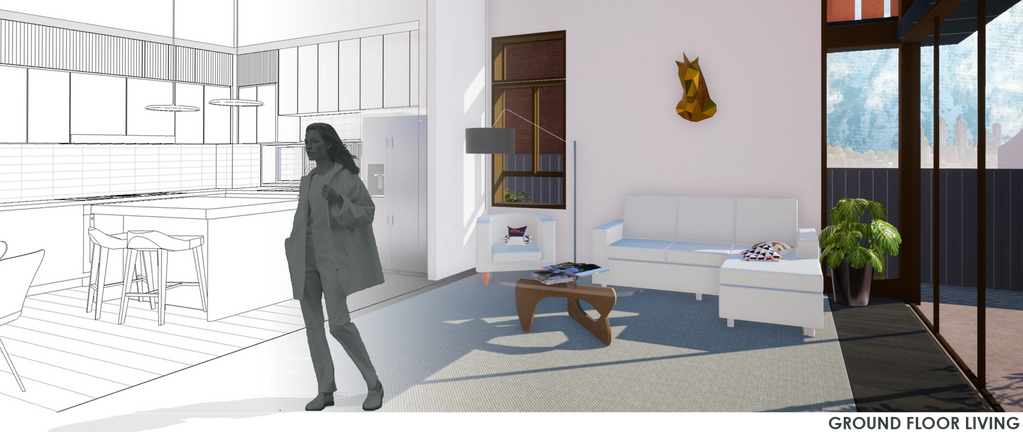 Proposed combined kitchen living dining from linework in Revit to rendered outdoor space