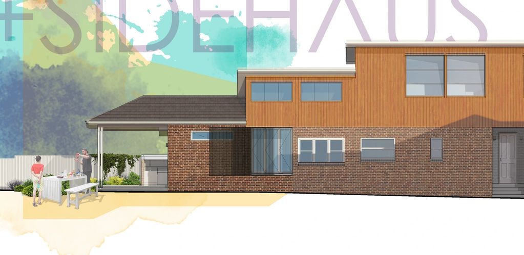 Collage of new extension and bbq space showcasing metal sliding louvers at feature window seat