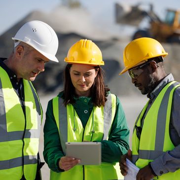 Three construction workers wearing helmets and safety vests review plans on a tablet outdoors.