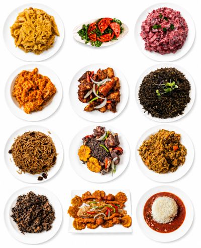 Twelve diverse dishes featuring rice, salads, and stews on white plates.
