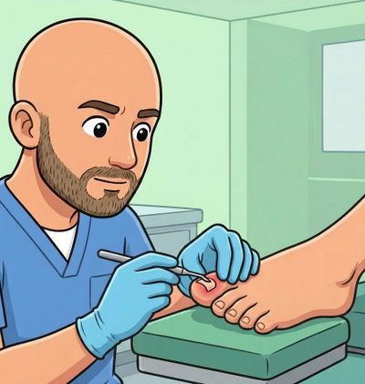 A doctor treating a toenail infection in a clinic.
