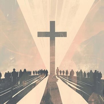 Silhouettes of people gathered around a large cross with radiant light beams.