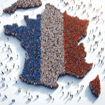 A crowd forms the map of France with its national flag colors.