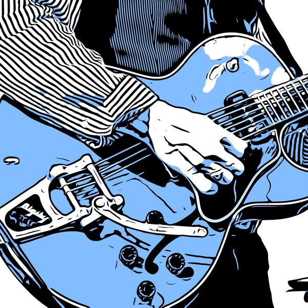 A person playing an electric guitar with a striped shirt.