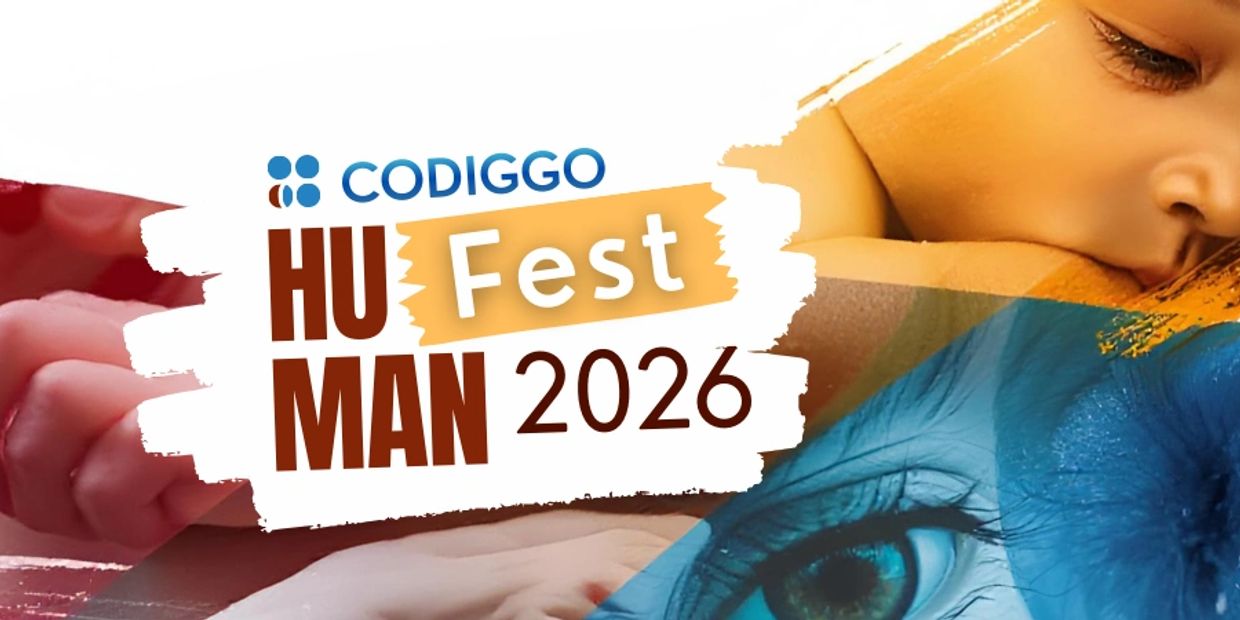 Cartel del evento CODIGGO HU Fest MAN 2026 con caras y manos.