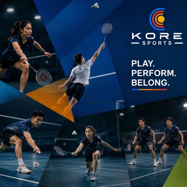 Collage of badminton players with Kore Sports logo and slogan.