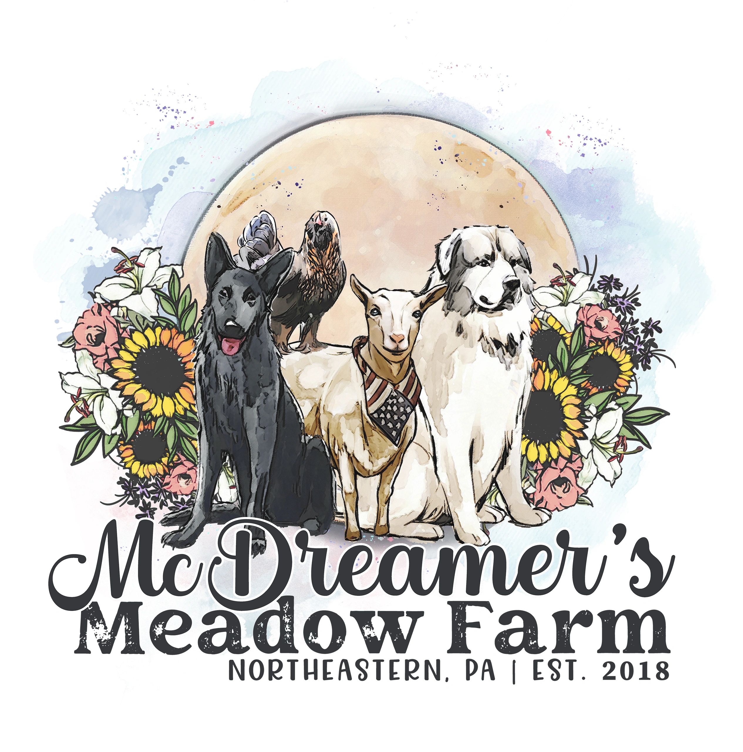Farm logo with animals and flowers.