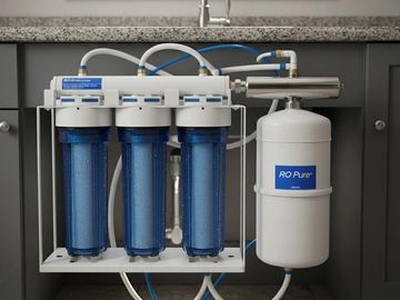 Under-sink reverse osmosis water filtration system with blue filter cartridges and white storage tank.