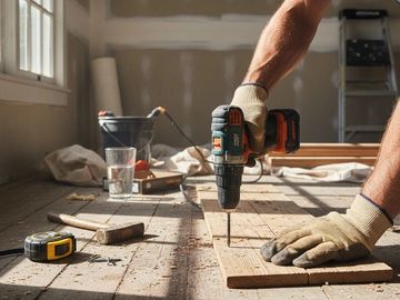 Person using a power drill on wooden planks indoors during renovation.