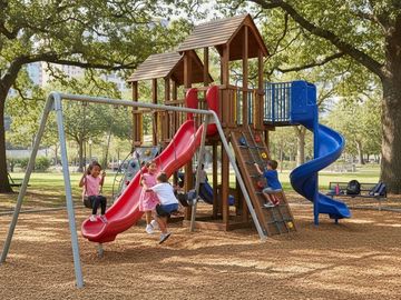 Children playing on a wooden playground with slides, swings, and climbing walls in a park.