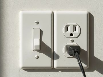 A white light switch and electrical outlet with a plug inserted.