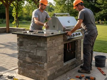 Two workers installing an outdoor stone grill with tools scattered around.