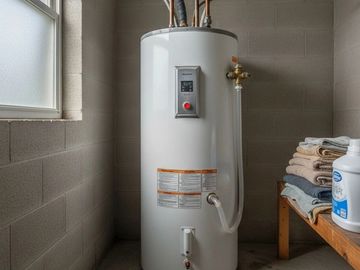 A tall white water heater in a utility room with folded towels on a wooden bench.