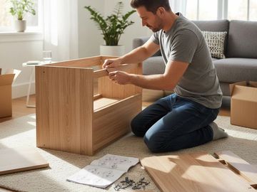 Man assembling wooden furniture at home with tools and instructions.