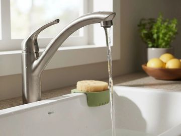 Modern kitchen faucet with running water and a sponge on the sink edge.