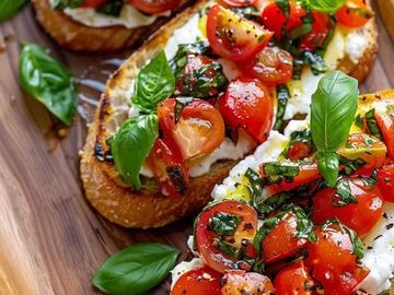 Fresh bruschetta topped with cherry tomatoes, basil, and creamy cheese on toasted bread.