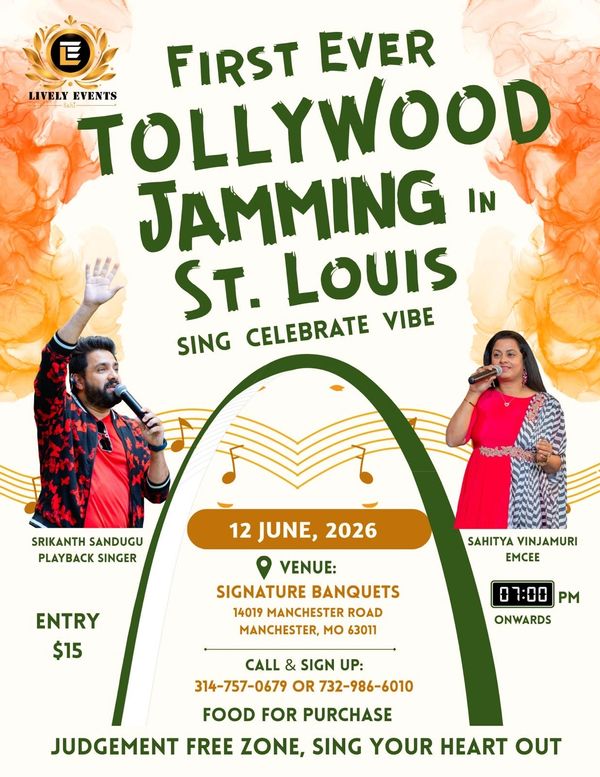 Flyer for first Tollywood Jamming event in St. Louis on June 12, 2026.