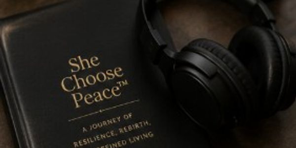 A book titled 'She Choose Peace' next to black headphones.