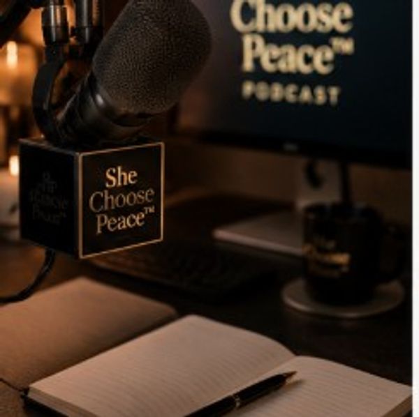 Podcast setup with 'She Choose Peace' microphone and open notebook.