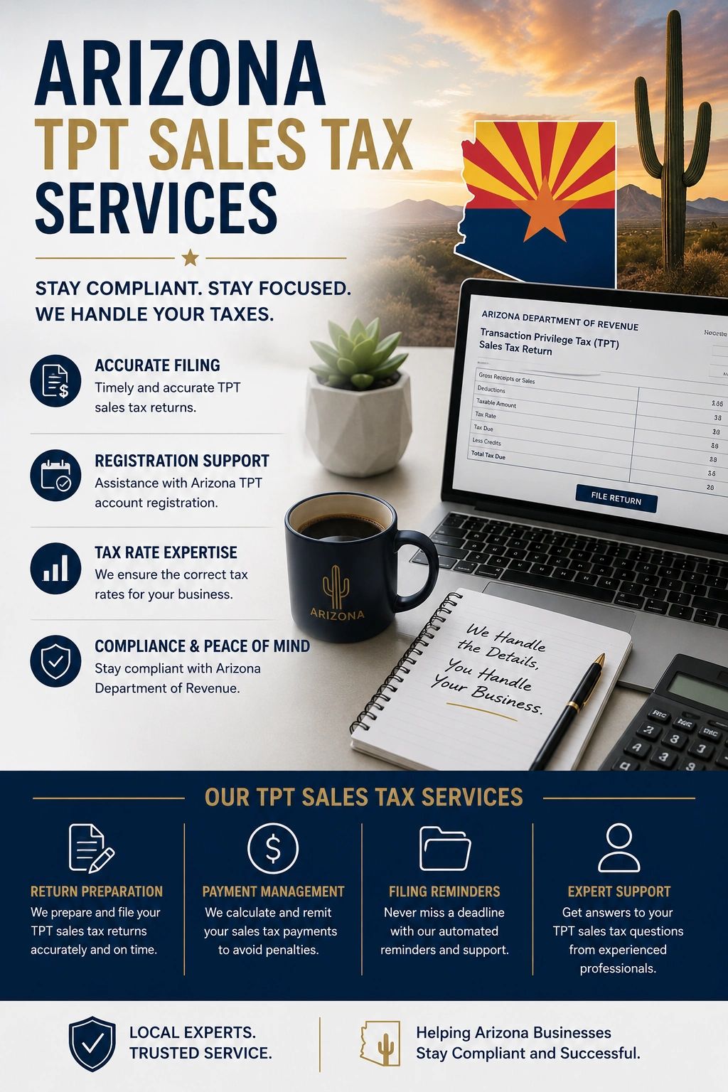Arizona TPT sales tax services offering accurate filing, registration support, tax expertise, and compliance assistance.