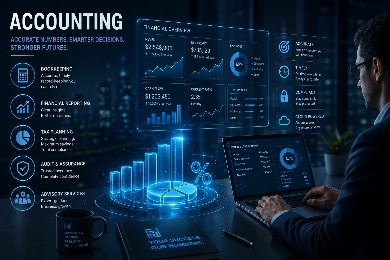 Business professional analyzing futuristic accounting data and financial charts on laptop.