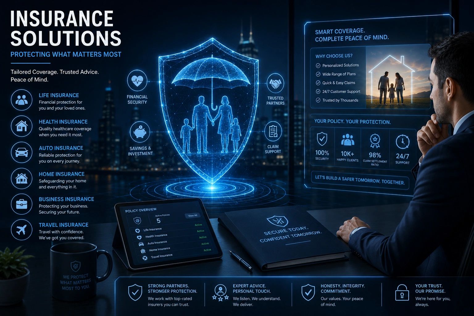 Businessman reviewing futuristic digital insurance solutions and policy benefits on a transparent screen.
