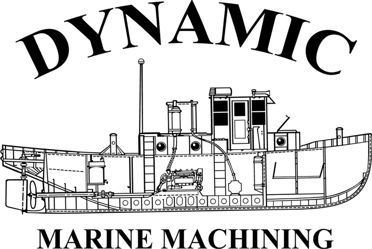 Technical drawing of a boat with 'Dynamic Marine Machining' text.