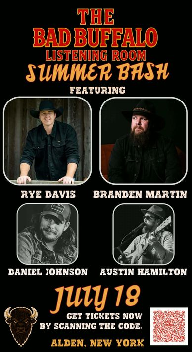 Poster for The Bad Buffalo Listening Room Summer Bash featuring musicians on July 18 in Alden, New York.