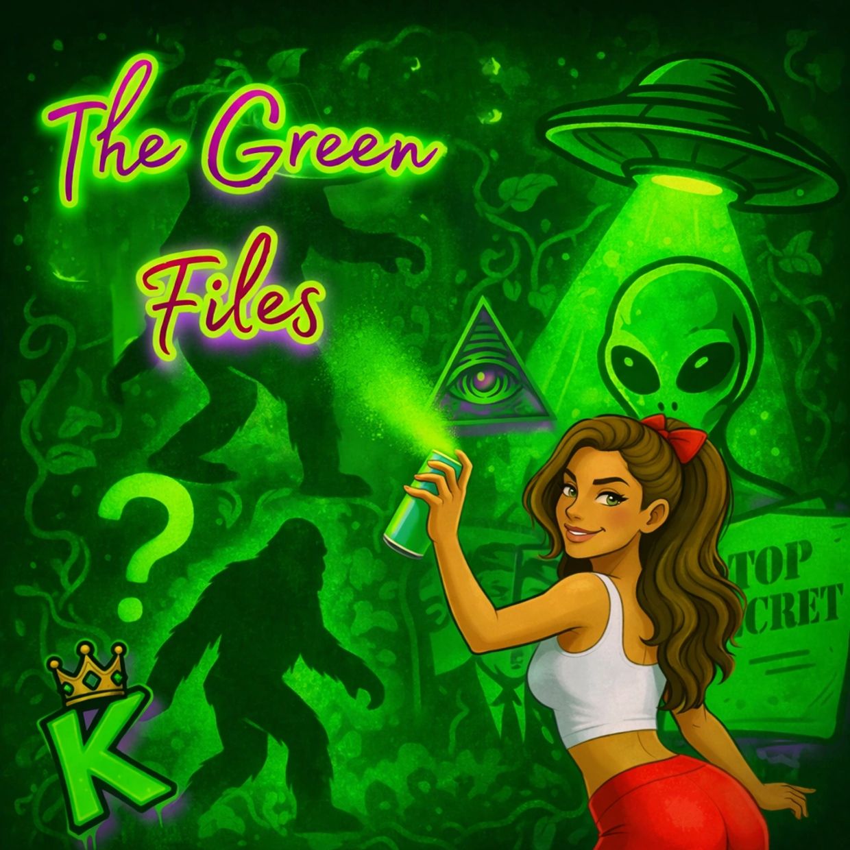 A woman sprays green paint revealing alien, Bigfoot, and conspiracy symbols.
