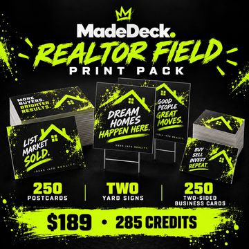 Realtor Field Print Pack promotion with postcards, yard signs, and business cards.