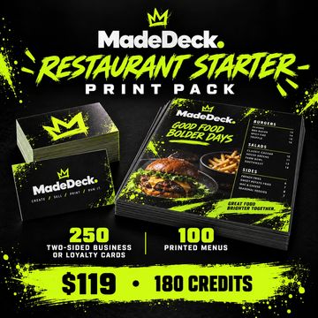 Advertisement for MadeDeck restaurant starter print pack.