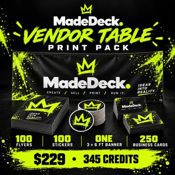 Promotional vendor table print pack with flyers, stickers, banner, and business cards.