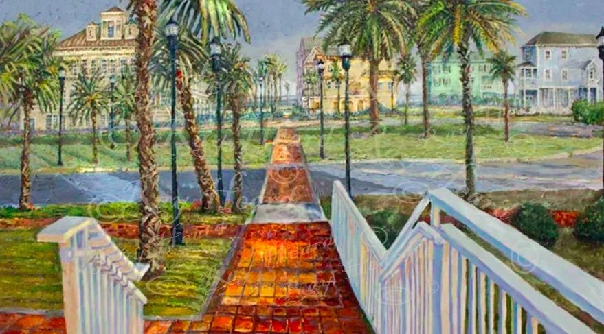 oil painting,white fence,brick walkway/palm trees/beach houses/beach town/porch cafe/galveston texas
