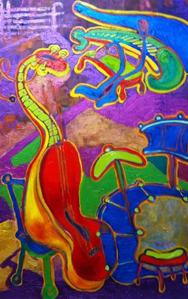 Musical art/Cello band/red/band/drum/horns/ piano/theheardgallery.com