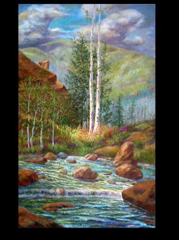 Painting and Prints of  a View from the River/ Vail Co/aspen trees/boulders/home on side of cliff/fl